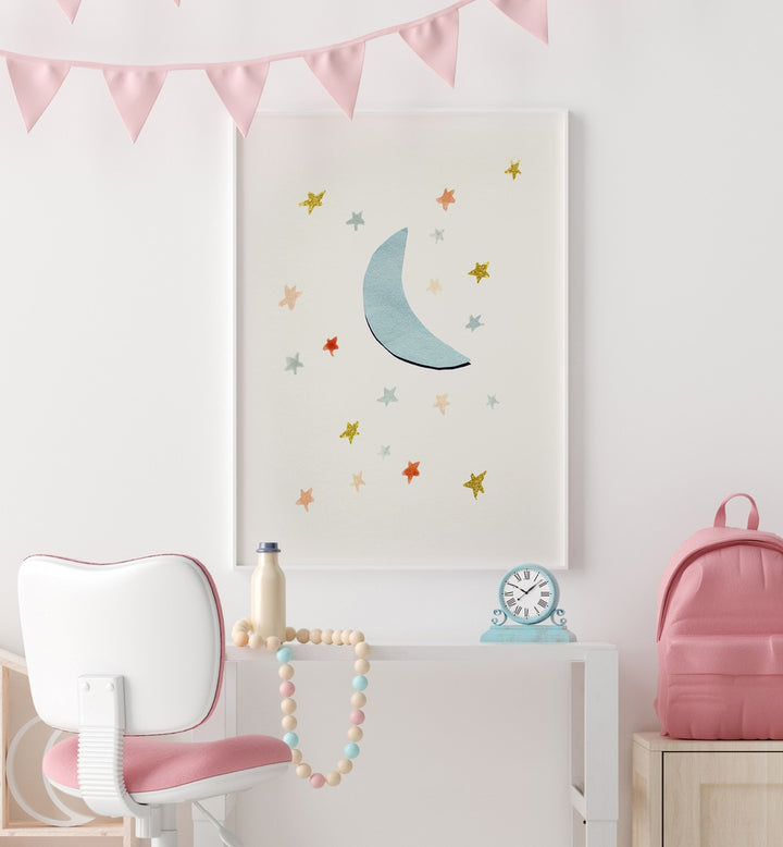 MOON & STARS kids room painting featuring a whimsical moon and colorful stars, perfect for a playful nursery decor.