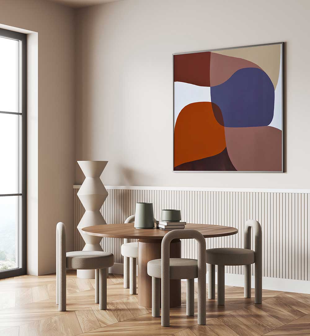 VISION, ABSTRACT PAINTINGS with bold shapes and colors enhance modern dining spaces with unique artistic expression from the collection.