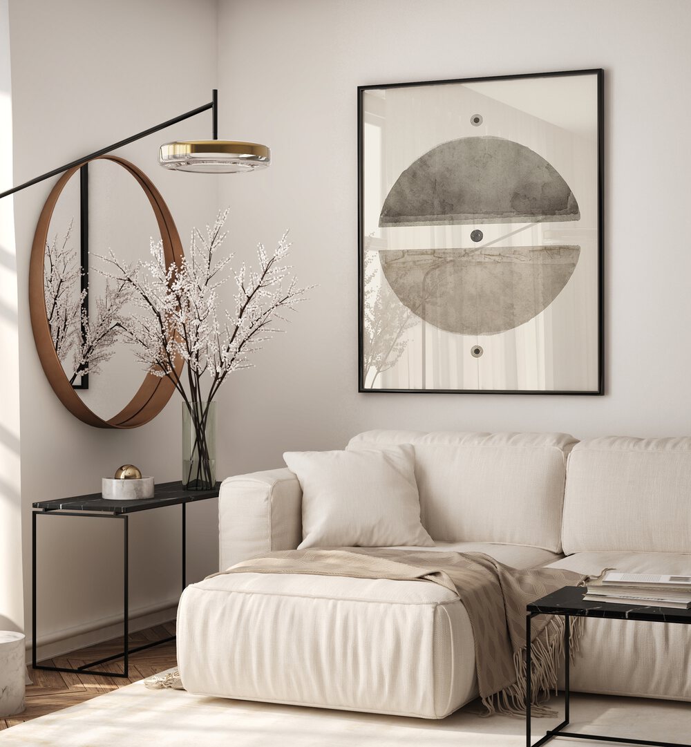 Taupe Enigma, Geometric Art Prints displayed in a stylish living room, enhancing modern decor aesthetics.