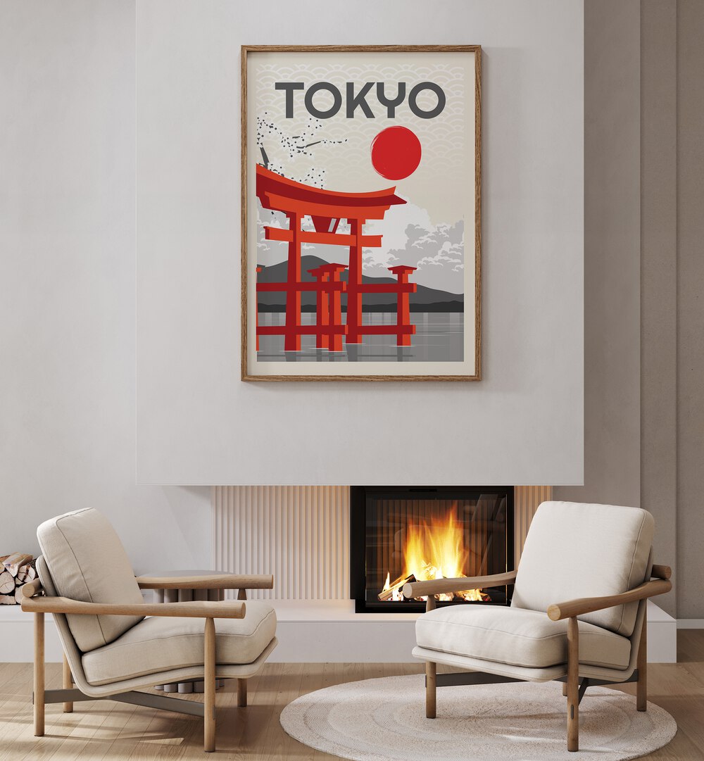 Elegant TOKYO SUN, JAPANESE PAINTINGS showcasing a traditional torii gate, perfect for adding warmth to your home decor.