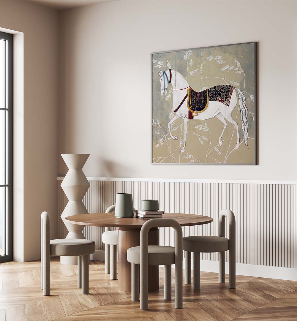 Stunning EQUESTRIAN ELEGANCE TAPESTRIES, ANIMAL PAINTINGS enhancing a modern dining space with natural charm.