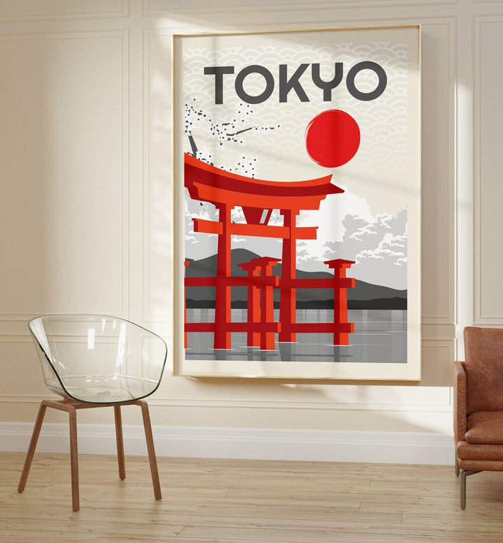 Vibrant TOKYO SUN, JAPANESE PAINTINGS capturing Tokyo's essence with striking colors and traditional architecture.