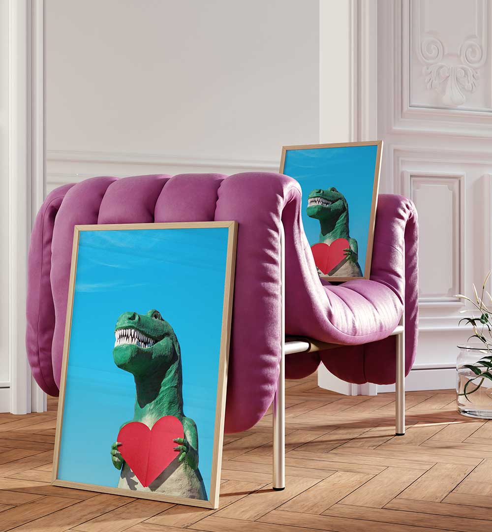 TYRANNOSAURUS REX WITH A RED PAPER HEART I , PHOTOGRAPHY PRINTS