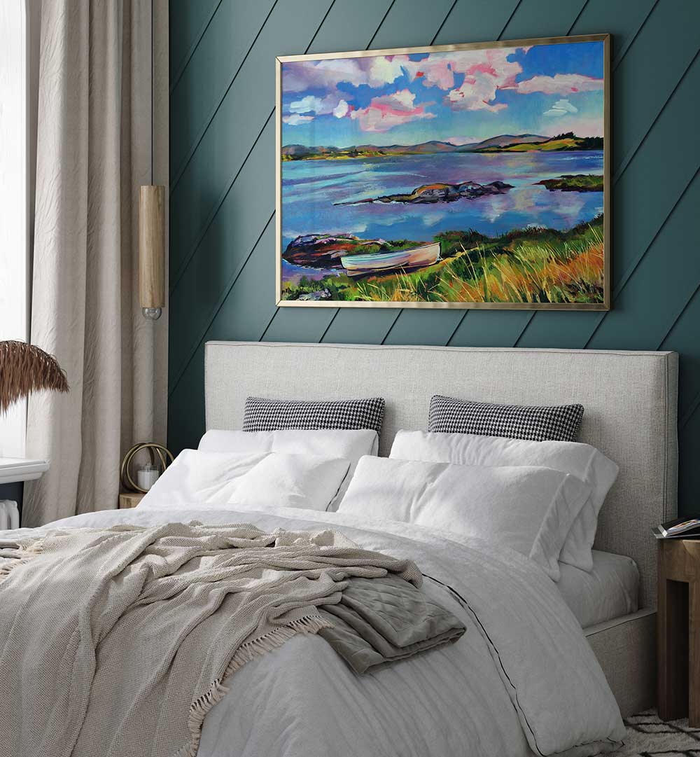 BOAT ON THE LAKE , BEACH PAINTINGS