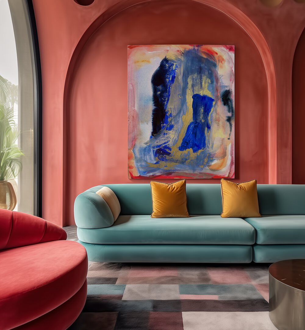 Vibrant "PASSION II, ABSTRACT PAINTINGS" enhances a stylish living room with bold colors and modern decor.