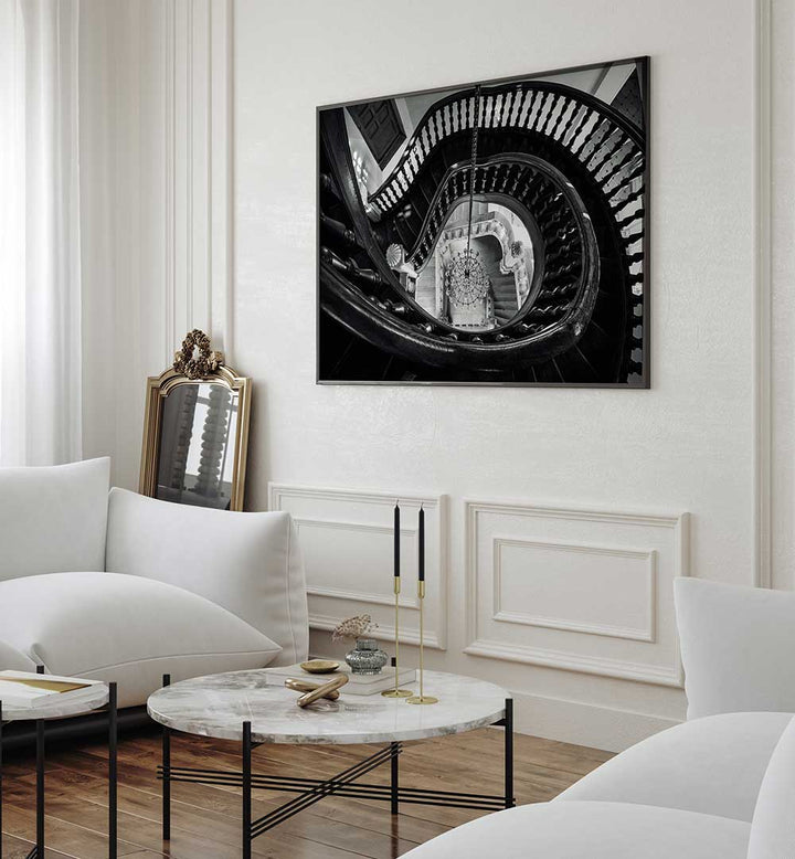 CHANDELIER AND STAIRS B&W , PHOTOGRAPHY PRINTS