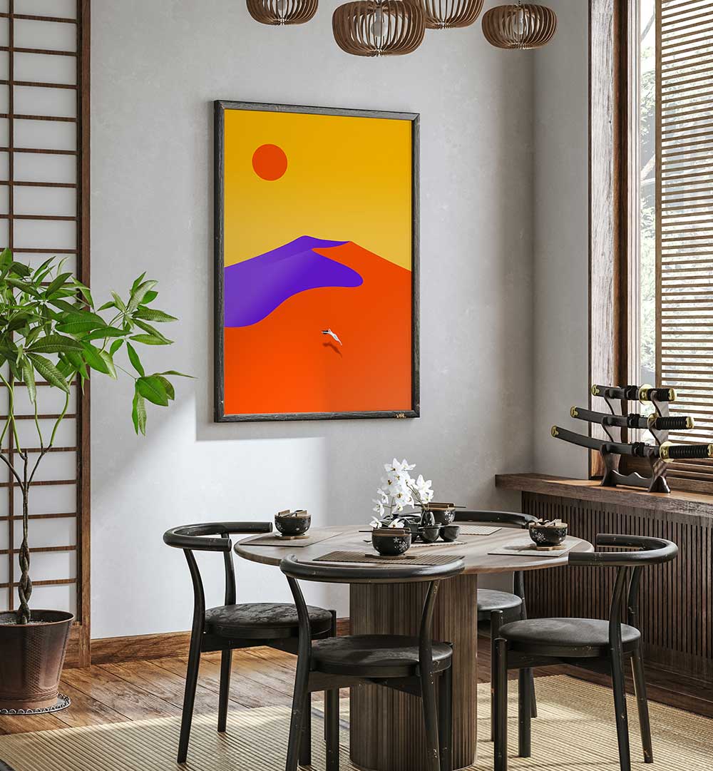 Bright and colorful FLOATING, LANDSCAPE PAINTINGS enhance this modern dining space with vibrant artistry.
