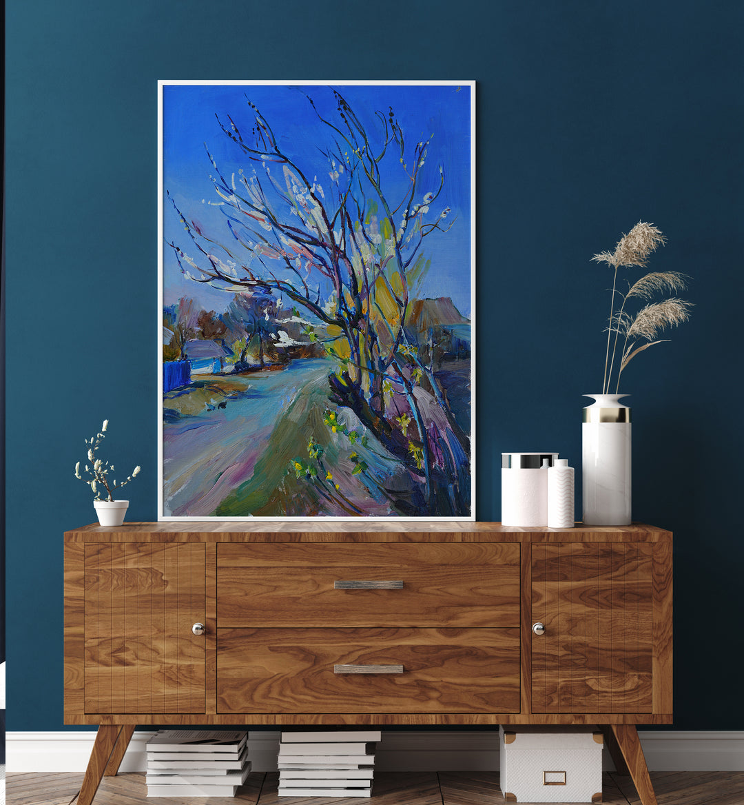 Vibrant BLOOMING APRICOT, LANDSCAPE PAINTINGS adorns a stylish interior, enhancing the modern aesthetic.