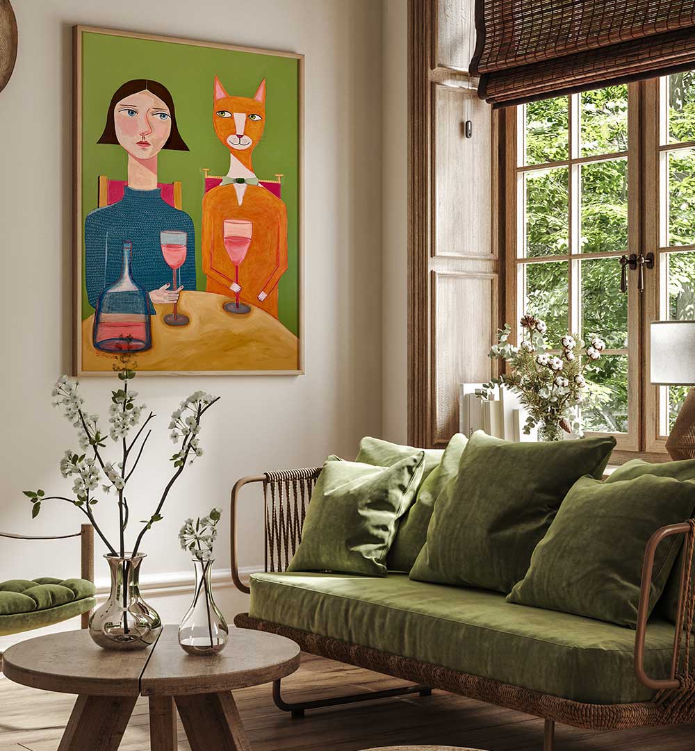 LADY AND CAT DRINKING WINE  , PORTRAITS & FIGURATIVE ILLUSTRATIONS