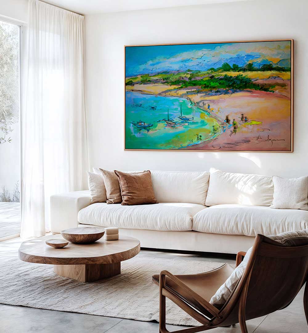 COASTAL SERENITY , LANDSCAPE PAINTINGS framed seascape above white sofa in sunlit modern living room