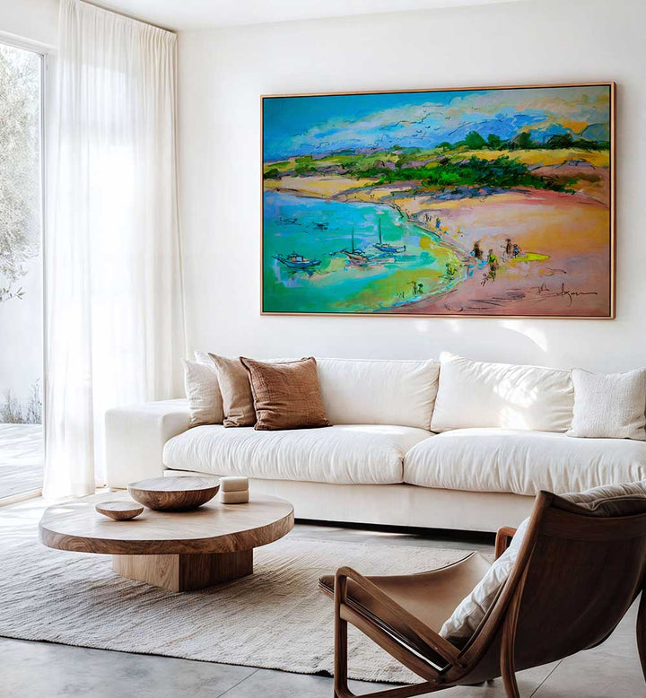 COASTAL SERENITY , LANDSCAPE PAINTINGS framed seascape above white sofa in sunlit modern living room