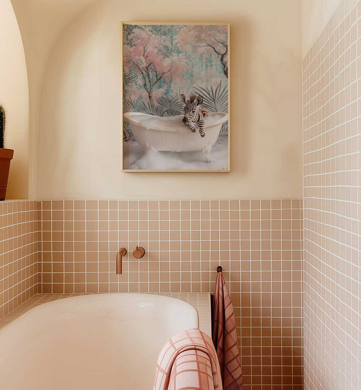 BUBBLY ZEBRA DELIGHT , BATHROOM ART PRINTS