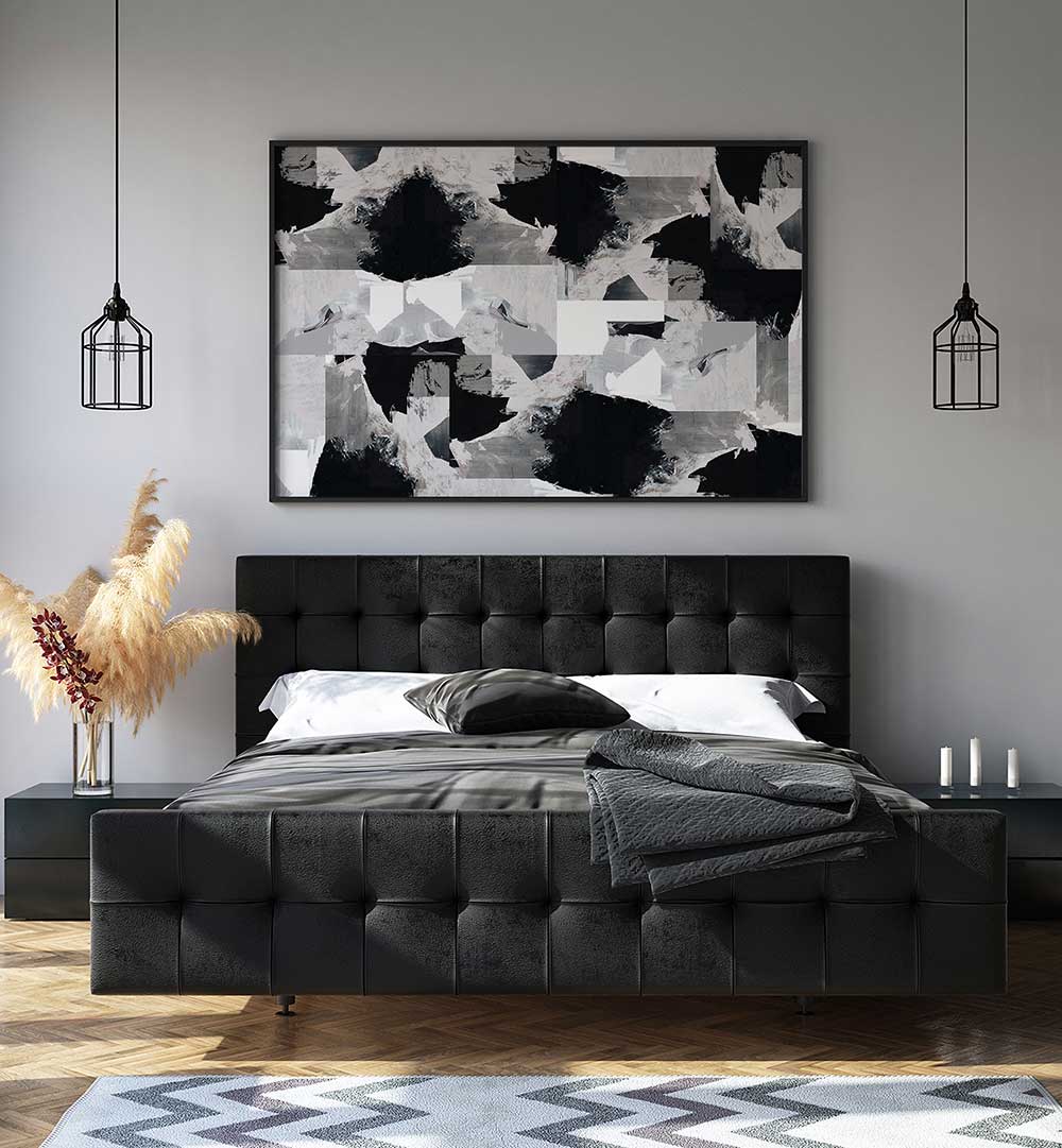 Elegant bedroom featuring GENTLE NIGHT, ABSTRACT PAINTINGS, enhancing the space with modern artistry and serene colors.