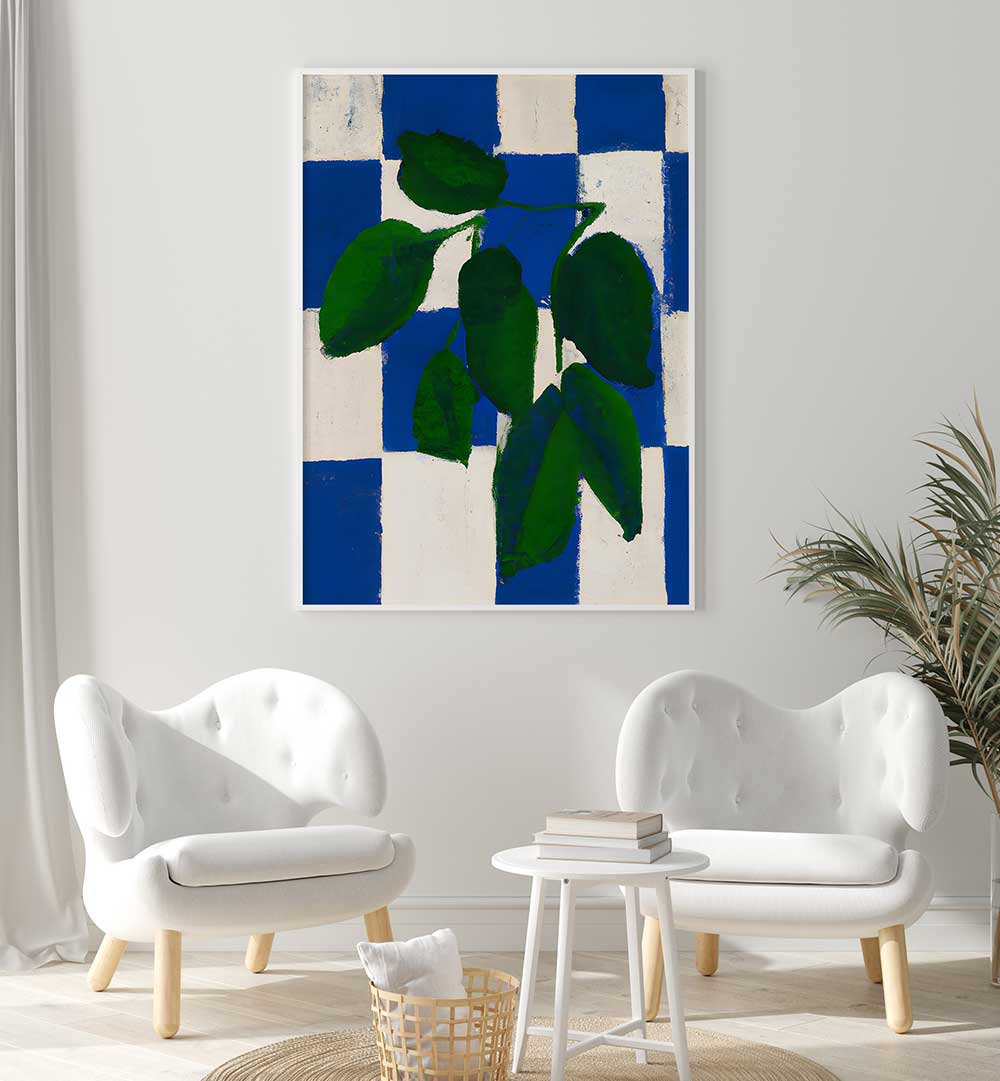 CHECKERED GREENERY, KITCHEN POSTERS featuring green leaves on blue and white checkered background in modern room setting