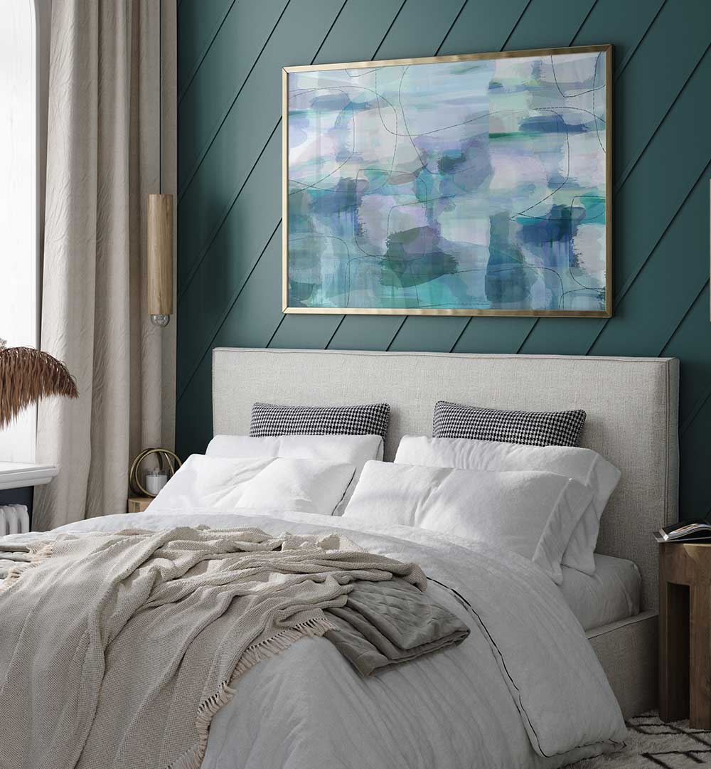 Transform your space with AQUARELLE BLUES II, ABSTRACT PAINTINGS showcasing vibrant hues in a stylish bedroom setting.
