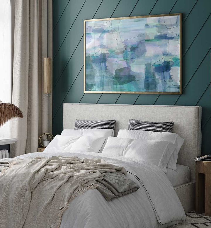 Transform your space with AQUARELLE BLUES II, ABSTRACT PAINTINGS showcasing vibrant hues in a stylish bedroom setting.