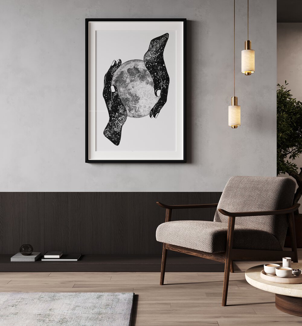 Stylish interior featuring "THE MAGIC OF THE UNIVERSE, SURREAL ART PRINTS" framed artwork, enhancing modern decor.