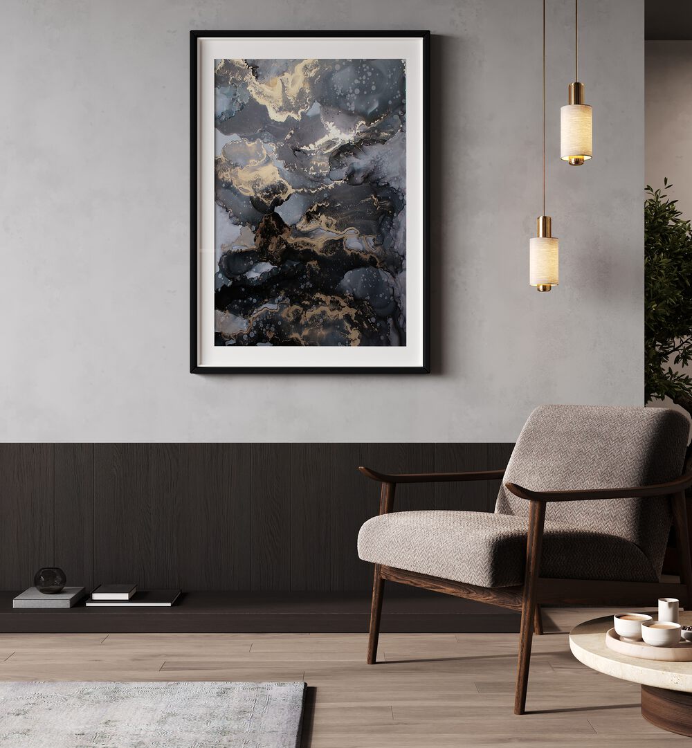 FIRESTORM, ABSTRACT PAINTINGS displayed in a modern setting, showcasing bold colors and fluid patterns.