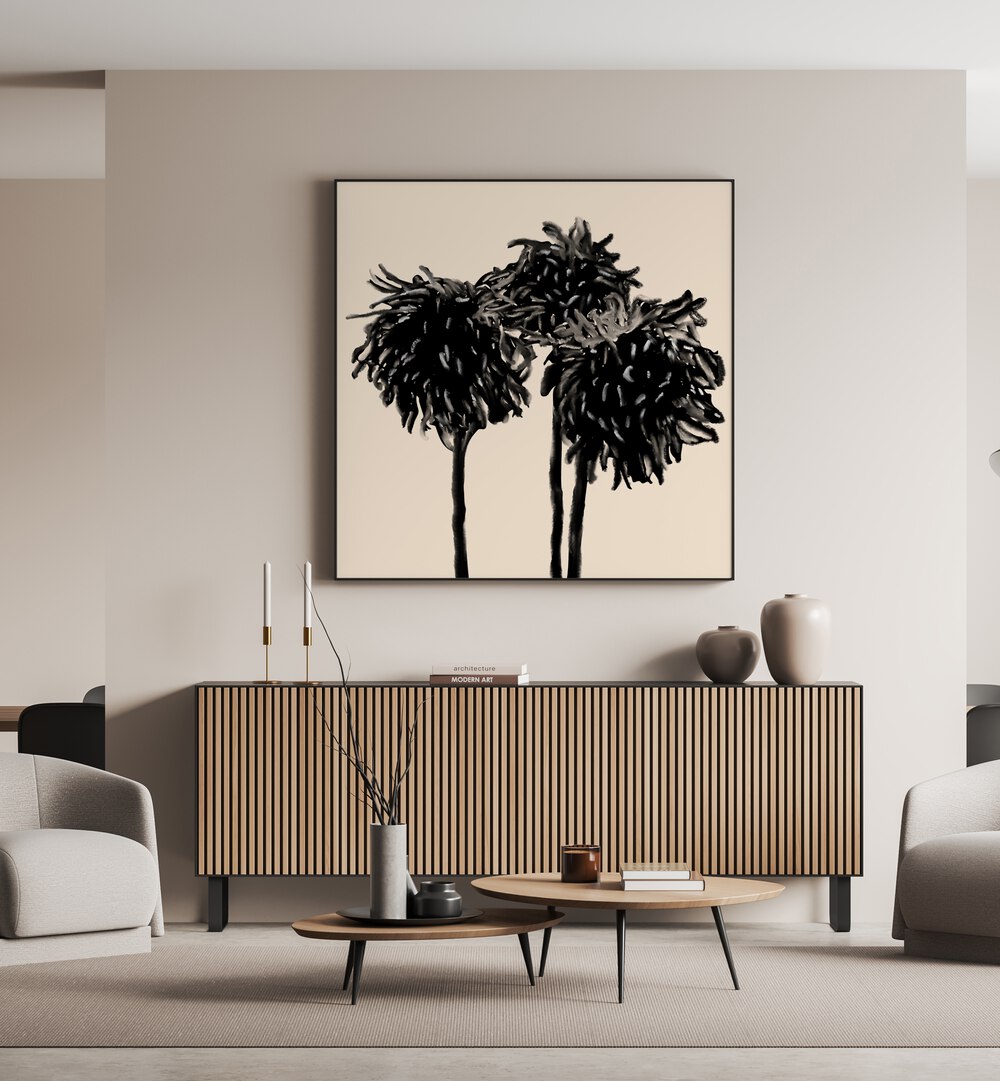 Chrysanthemum Noir, Floral Flower Paintings displayed in a modern living room, enhancing elegance and serenity.