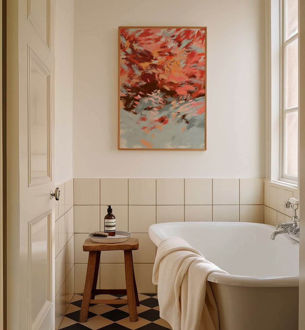 Vibrant AUTUMN SHADOWS II, ABSTRACT PAINTINGS enhances a serene bathroom, adding warmth and seasonal beauty.