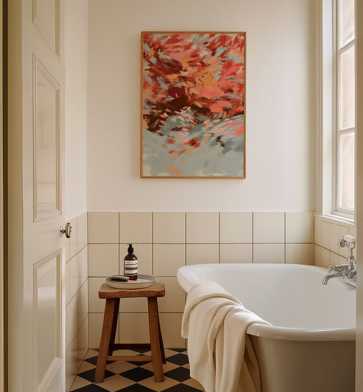 Vibrant AUTUMN SHADOWS II, ABSTRACT PAINTINGS enhances a serene bathroom, adding warmth and seasonal beauty.