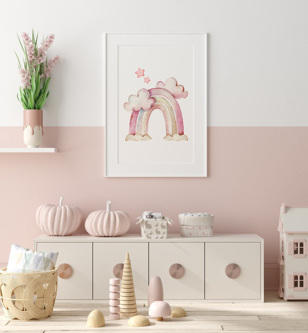 Enchanting STARRY PINK, KIDS ROOM PAINTINGS brighten up your child's space with dreamy clouds and rainbows.