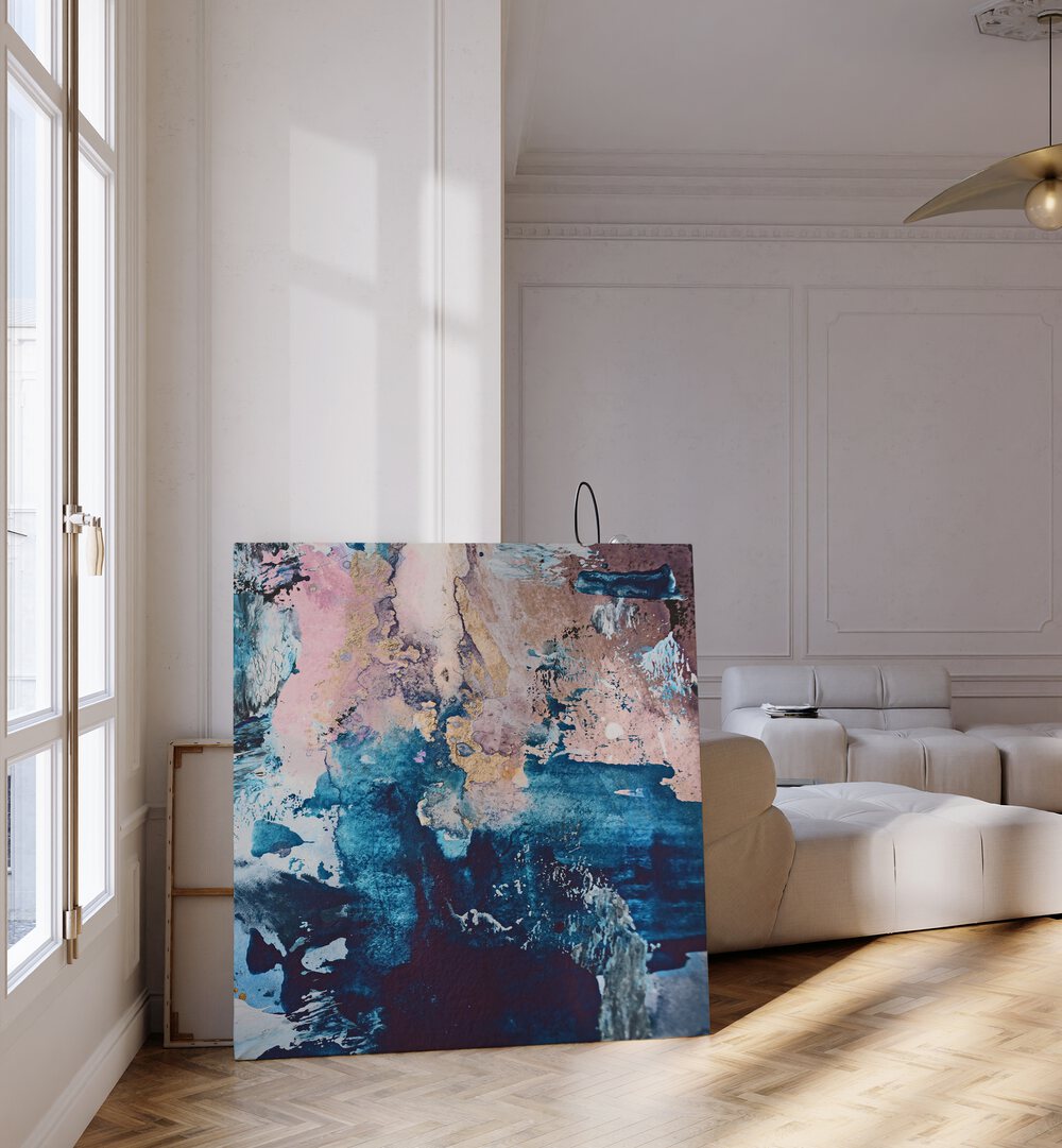 Stunning COSMIC WHISPERS, ABSTRACT PAINTINGS displayed in a contemporary living space, showcasing vibrant colors and textures.