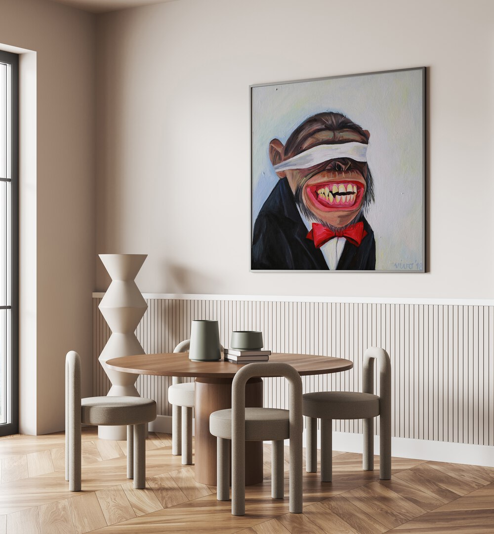 Stylish room featuring the BLINDFOLDED GRIN, COMIC POSTERS, perfect for comic art enthusiasts and vibrant decor.