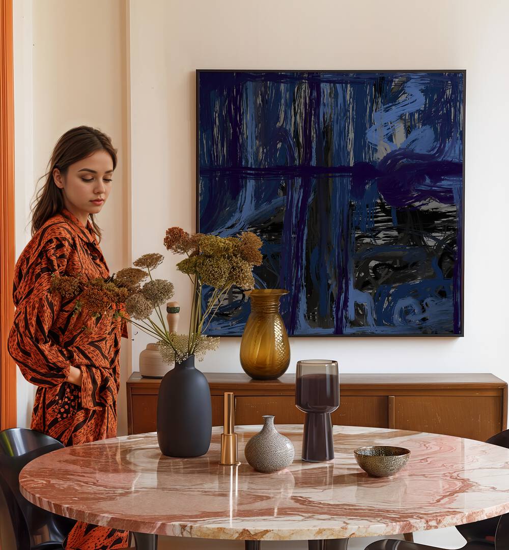 Serene interior featuring BLUE OCEANIC, ABSTRACT PAINTINGS, enhancing coastal beauty in home decor.