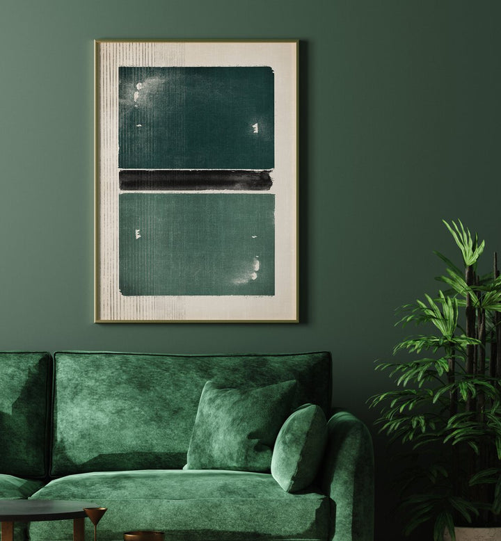 Modern living room featuring "Caught in the Middle, Abstract Art Prints" with geometric design against a green backdrop.