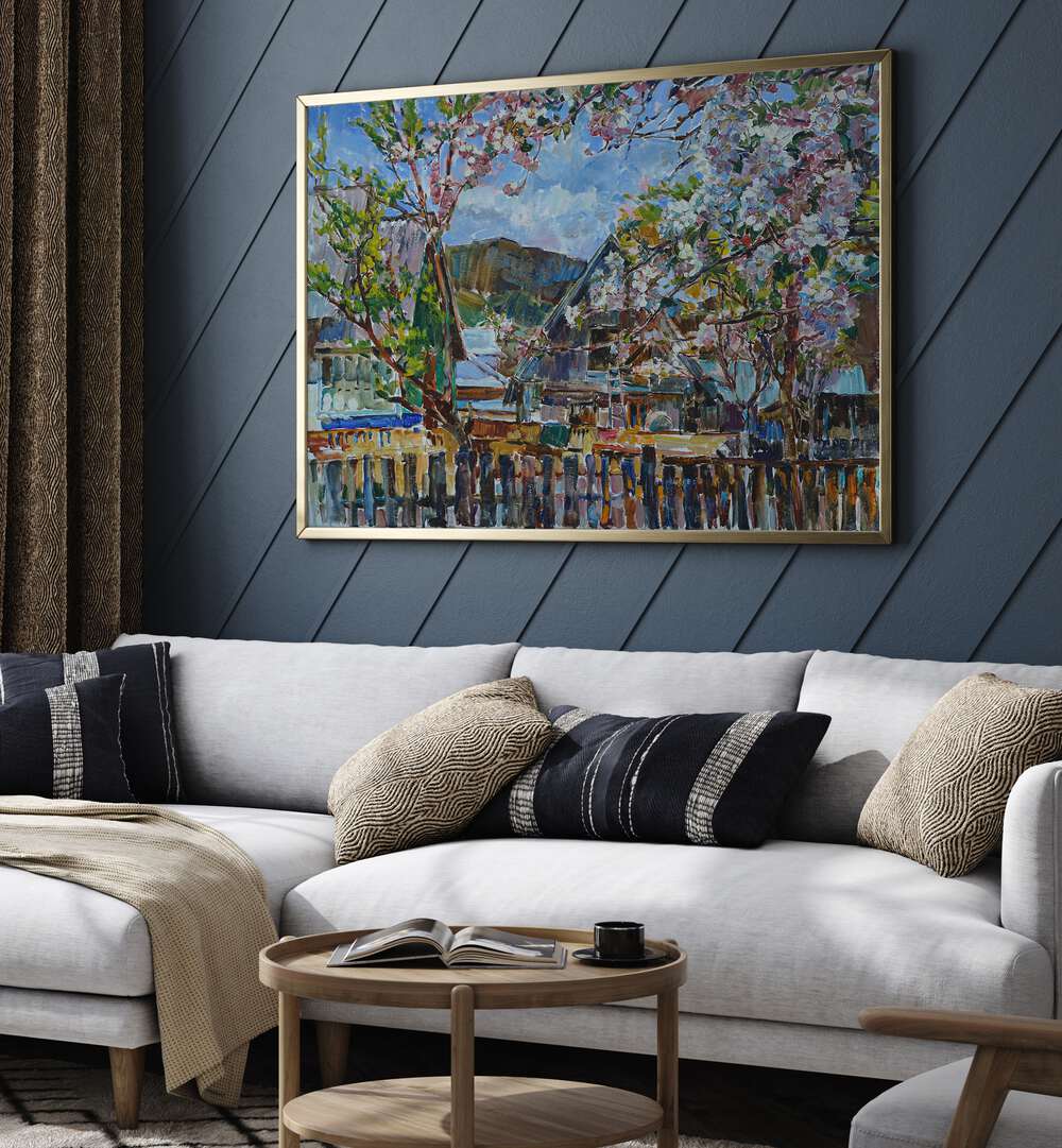 Vibrant landscape painting of blooming apple trees, perfect for adding elegance to any space. Explore our collection!