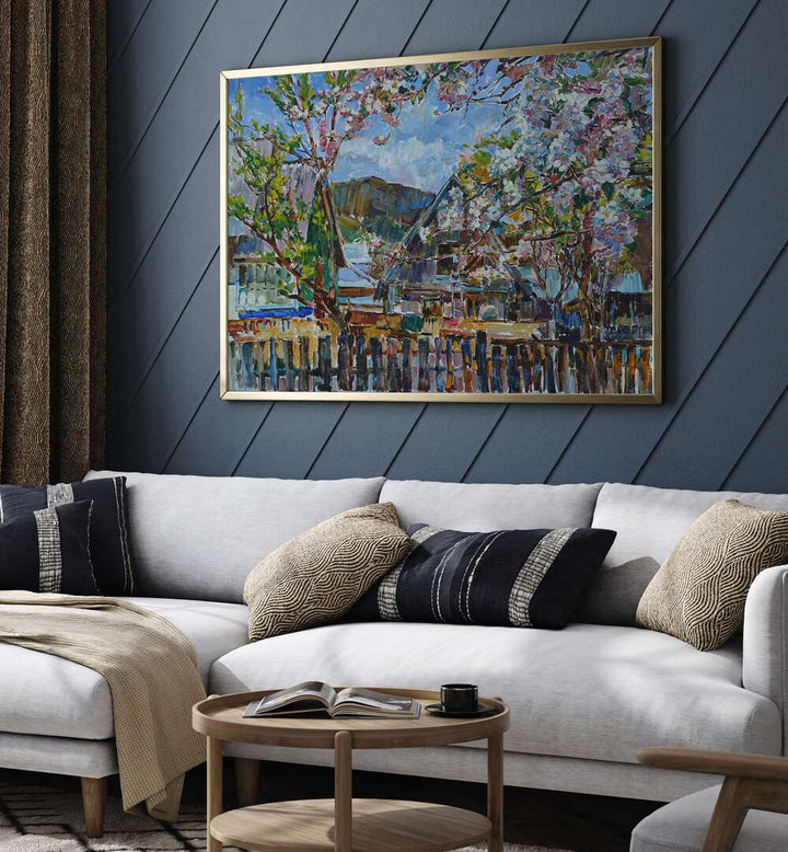 Vibrant landscape painting of blooming apple trees, perfect for adding elegance to any space. Explore our collection!