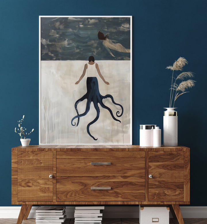 OCTOPUS MAID, BEACH PAINTINGS of a woman with an octopus tail, adding a whimsical touch to coastal decor.
