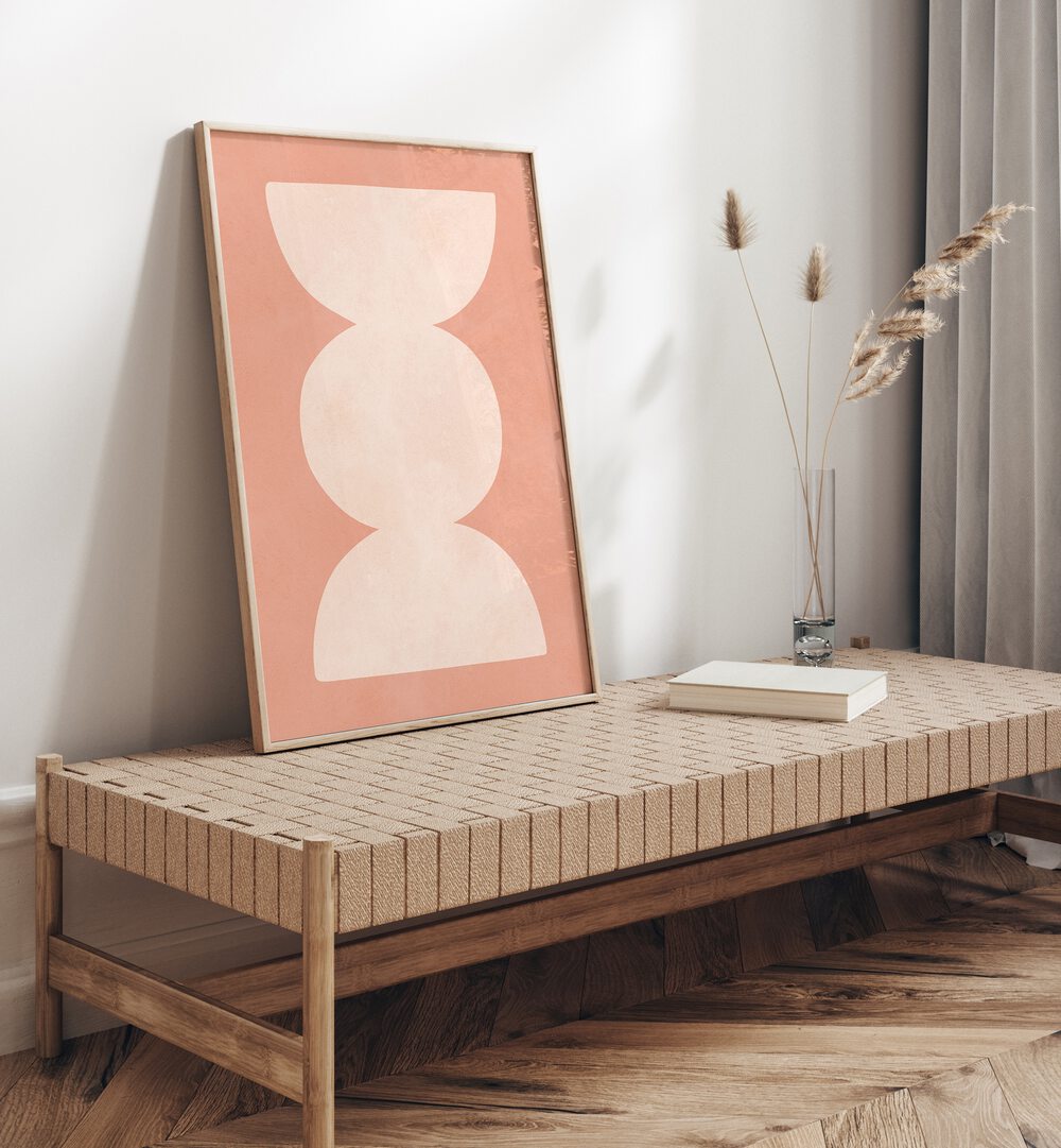 Stylish TRIBAL XI, GEOMETRIC ART PRINTS on a wooden bench, enhancing modern decor with tribal elegance.