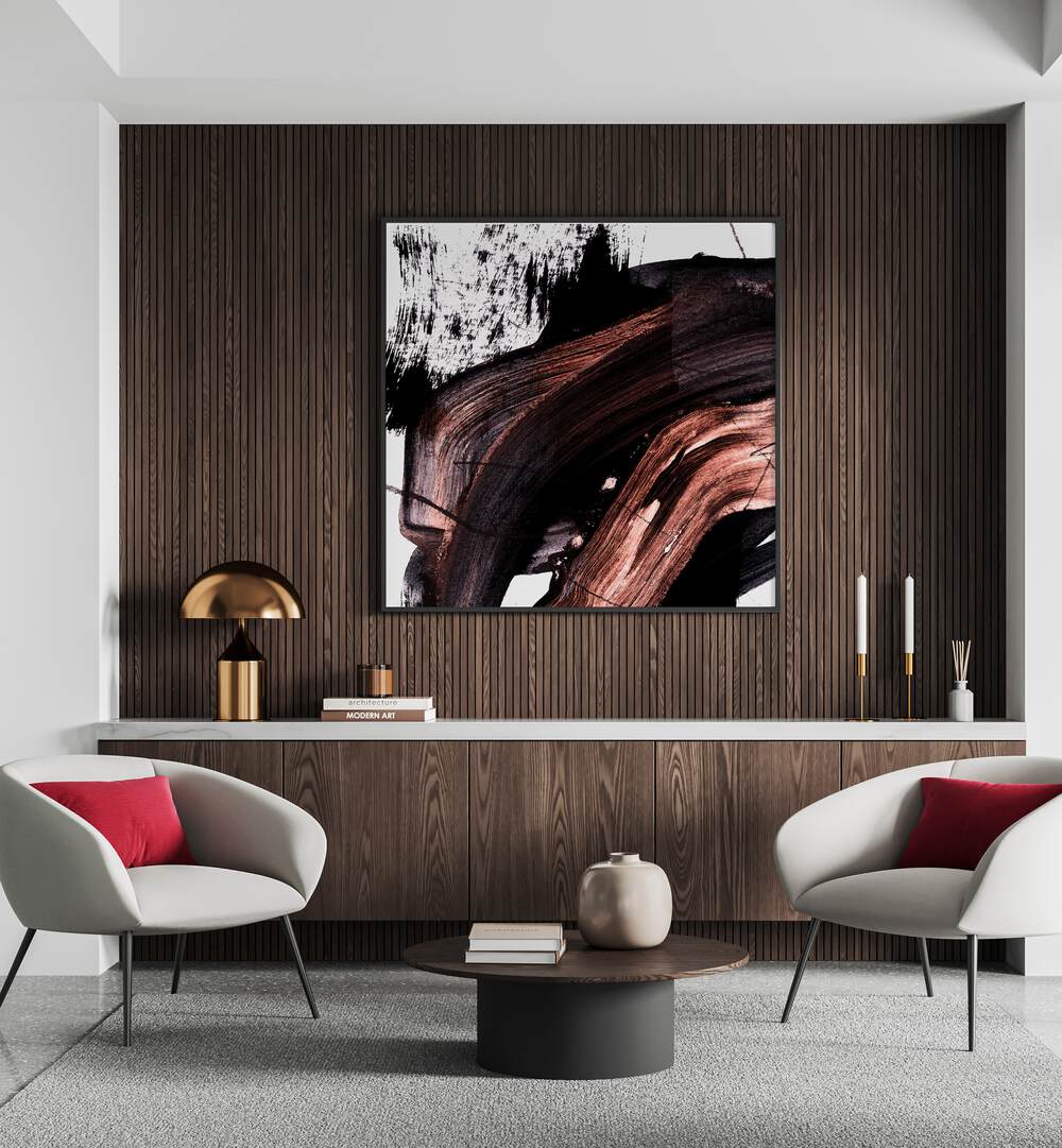 Modern living room showcasing BS, ABSTRACT PAINTINGS with striking colors and unique design elements.