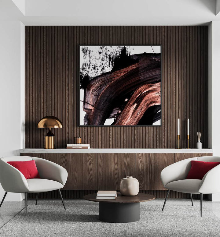 Modern living room showcasing BS, ABSTRACT PAINTINGS with striking colors and unique design elements.