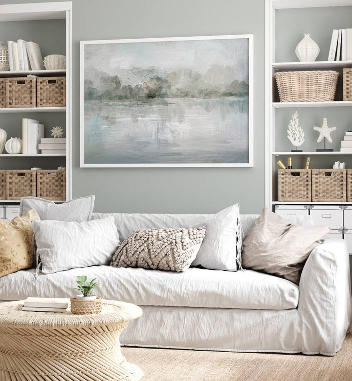 Serene living room showcasing TRANQUIL MISTY LAKE, LANDSCAPE PAINTINGS for a calming atmosphere. Perfect for nature lovers.