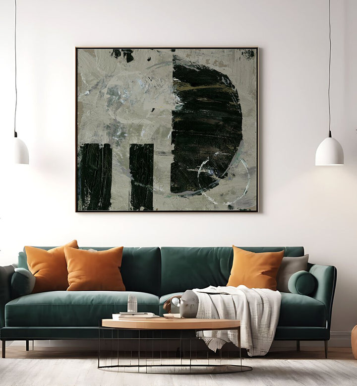 Stunning HALFMOON, ABSTRACT PAINTINGS displayed above a stylish green couch, enhancing modern home decor.