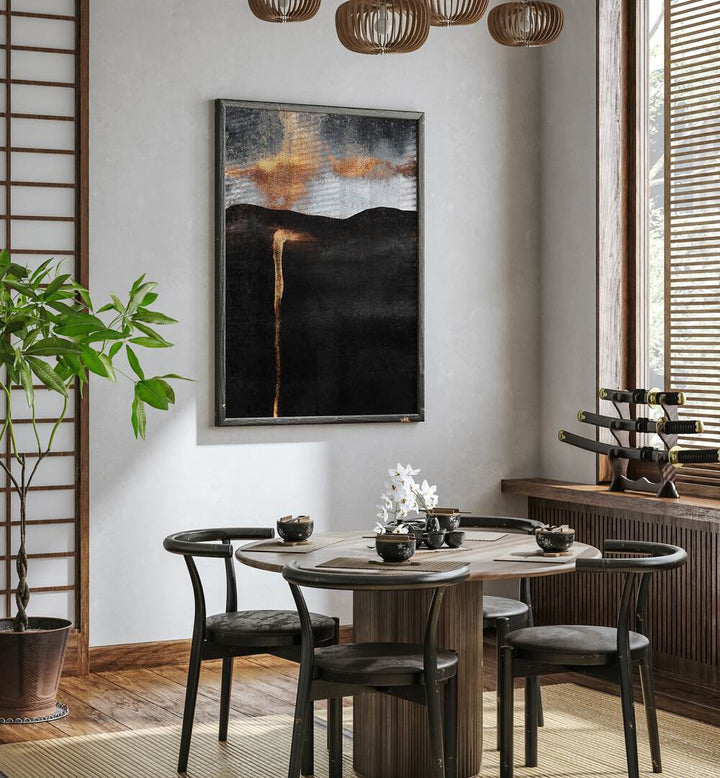 Stylish dining space featuring EMBER, ABSTRACT PAINTINGS that enhance contemporary decor with vibrant colors.
