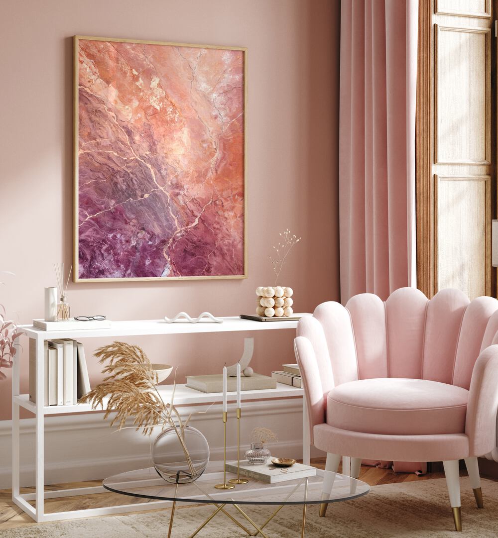 Elegant living room featuring CRIMSON EARTH VEINS, ABSTRACT PAINTINGS, showcasing rich crimson tones and earthy textures.