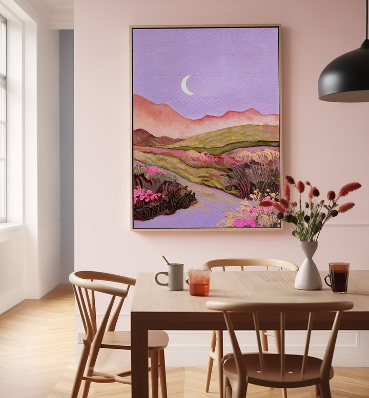Enchanting LILAC SKY, LANDSCAPE PAINTINGS adorn a modern dining space, blending tranquility and beauty.