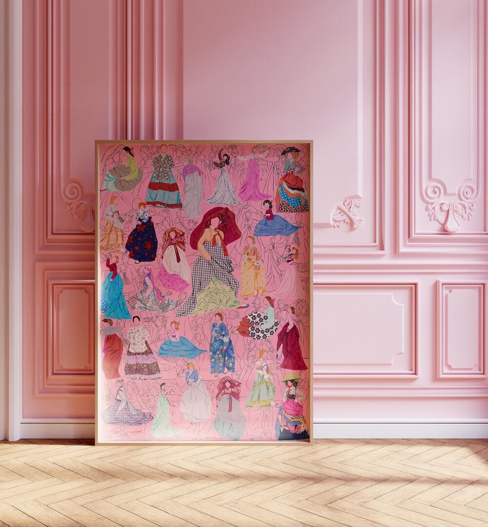 Colorful PICNIC, FASHION POSTERS showcase elegant dresses against a chic pink backdrop, perfect for stylish decor.