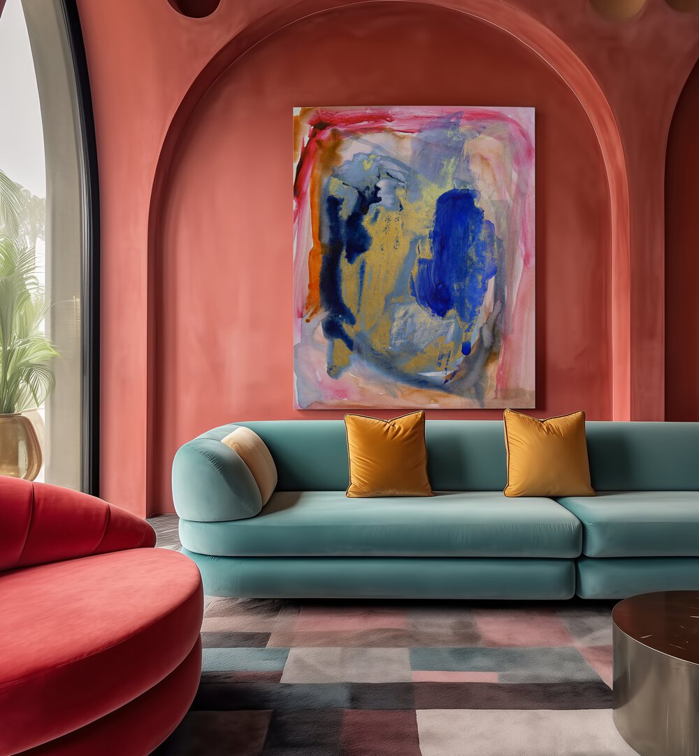 Colorful PASSION I, ABSTRACT PAINTINGS enhancing a stylish living room with modern decor and vibrant accents.