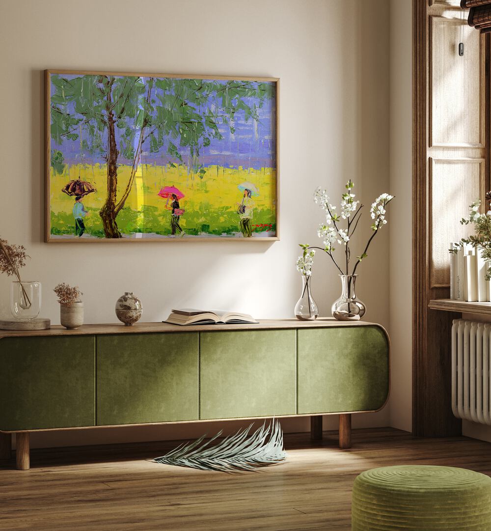 Vibrant RAPE FLOWER RAINY DAY, INDIAN ART PAINTINGS displayed in a stylish interior, enhancing the warm ambiance.