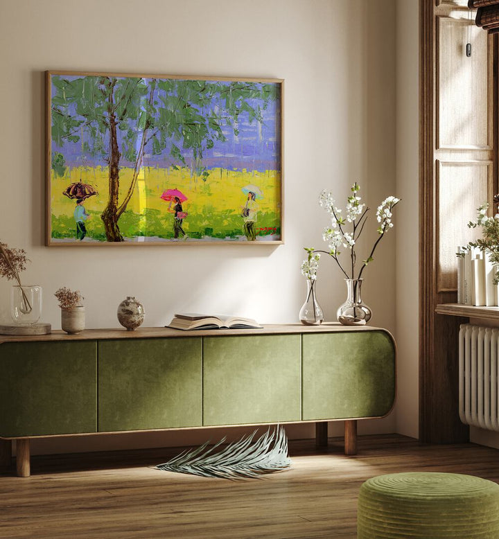 Vibrant RAPE FLOWER RAINY DAY, INDIAN ART PAINTINGS displayed in a stylish interior, enhancing the warm ambiance.
