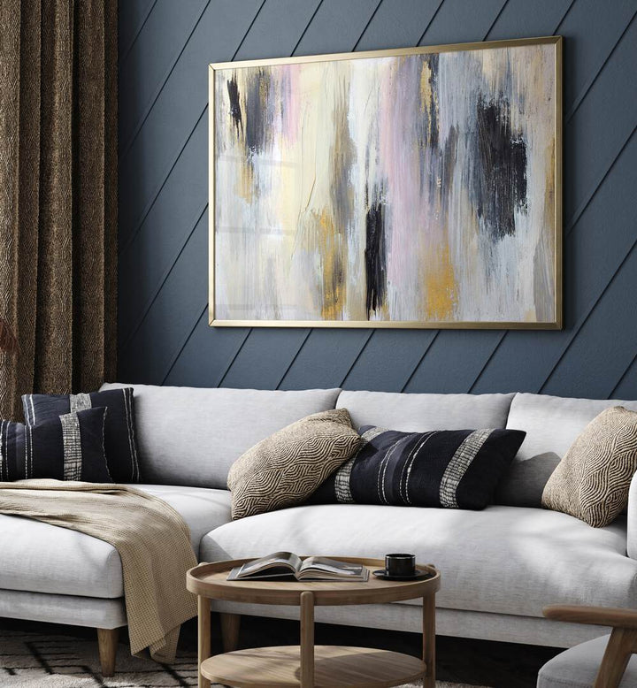 Elegant POISED, ABSTRACT PAINTINGS enhance the modern living room with soothing colors and artistic flair.