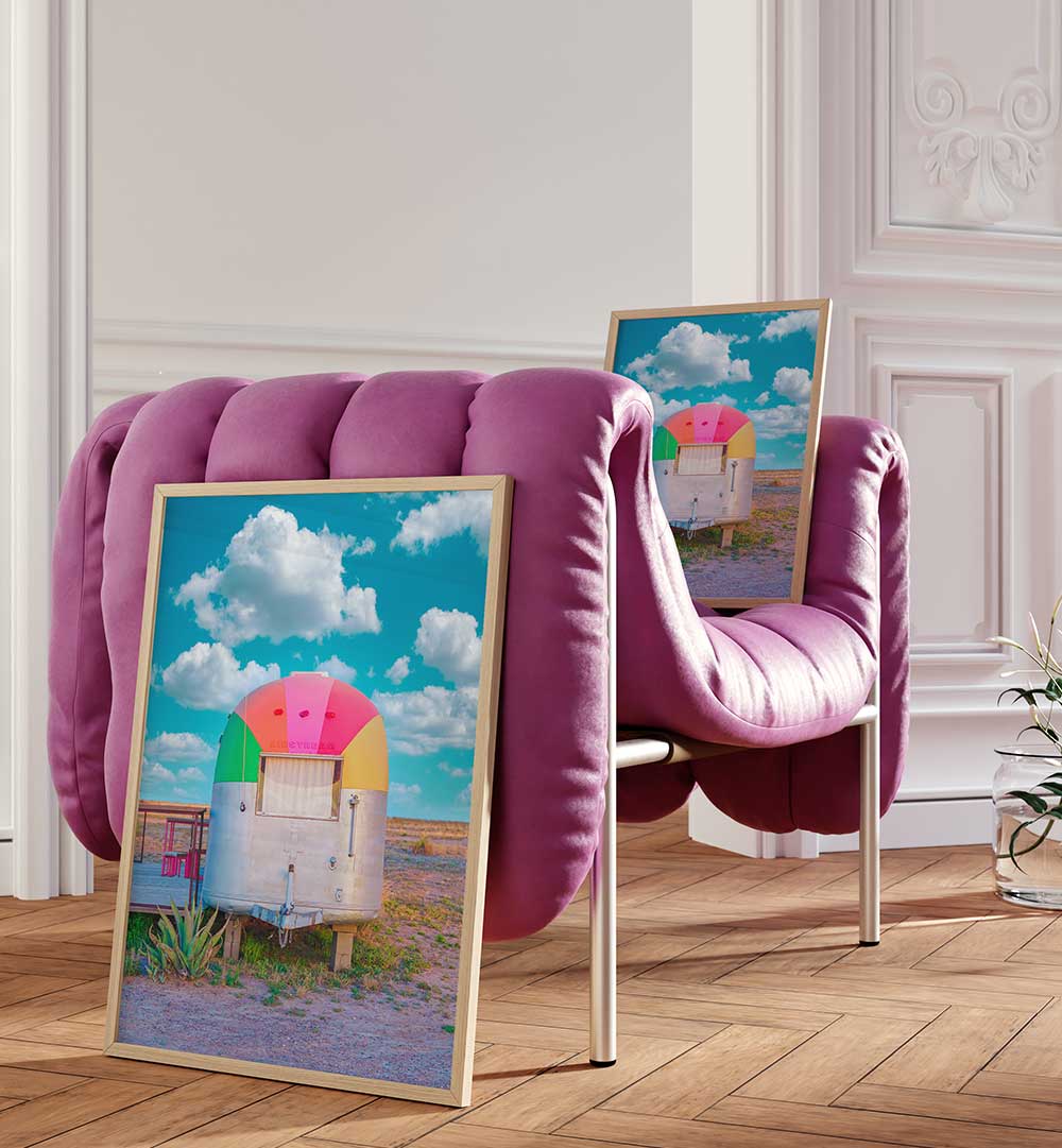 VINTAGE CAMPER TRAILER WITH RAINBOW TOP , PHOTOGRAPHY PRINTS