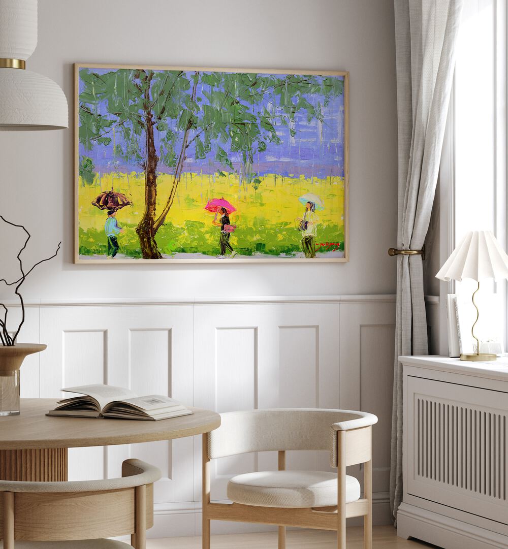 Vibrant RAPE FLOWER RAINY DAY, INDIAN ART PAINTINGS showcasing figures under umbrellas in a colorful landscape.
