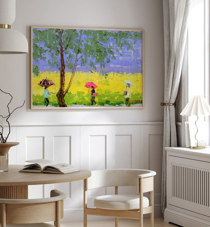 Vibrant RAPE FLOWER RAINY DAY, INDIAN ART PAINTINGS showcasing figures under umbrellas in a colorful landscape.