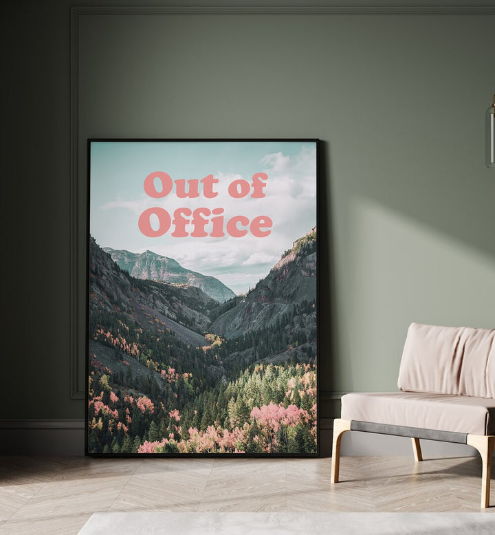 Stylish OUT OF OFFICE, QUOTES poster featuring a serene landscape, perfect for enhancing productivity and workflow.